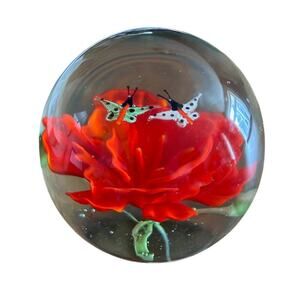 Vintage Art Glass Paperweight Butterflies Flower Bubbles